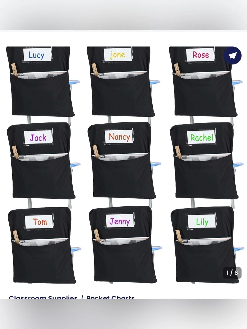 (New) Heavy Duty Canvas Black Chair Back Organizers w/ Label Pockets (Set of 12)